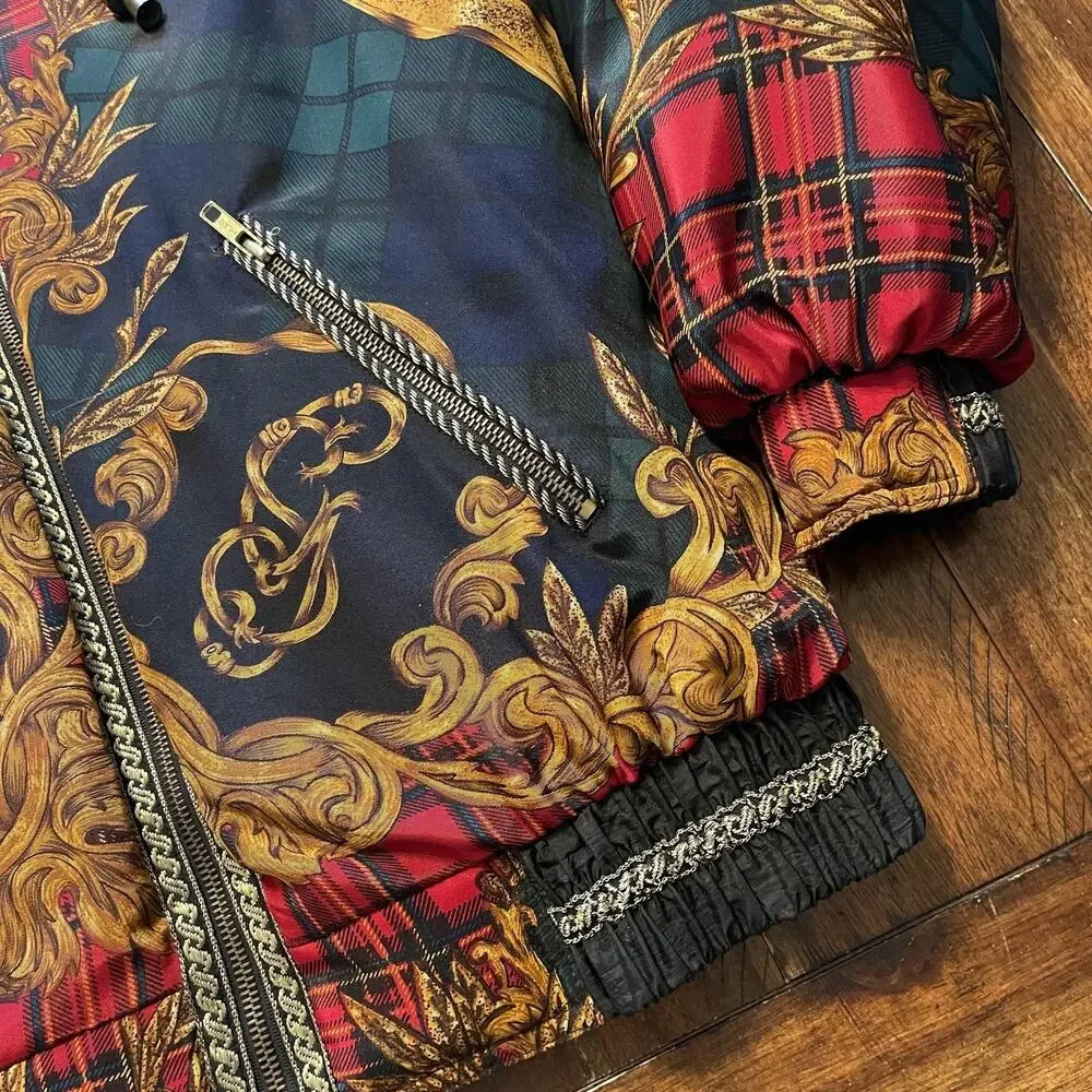 Vtg Gallery Down Jacket Womens S Baroque Plaid Puffer Bomber
